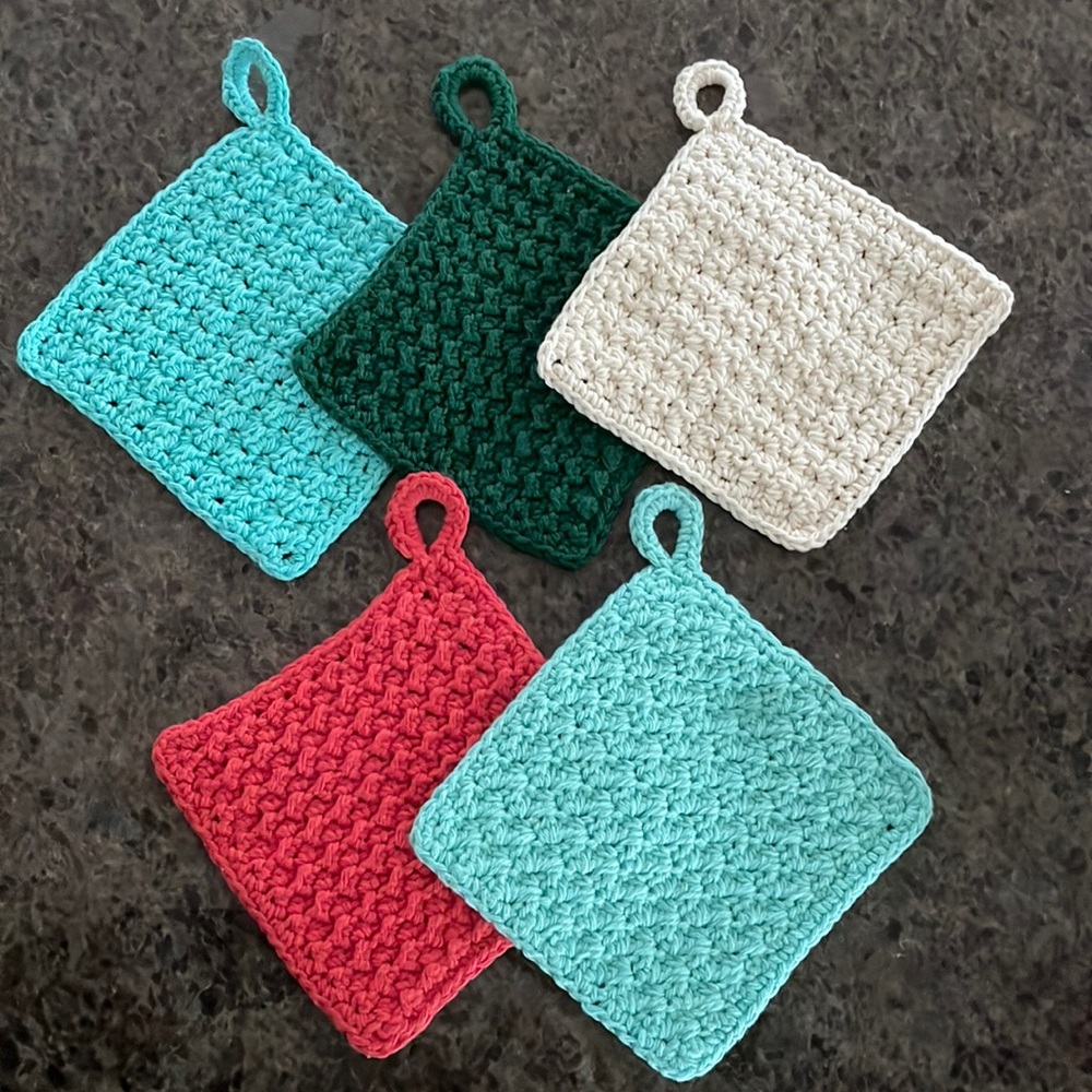 5 Crocheted Dish Cloths / Wash Cloths / Potholders Facecloths Trivet 100% Cotton
